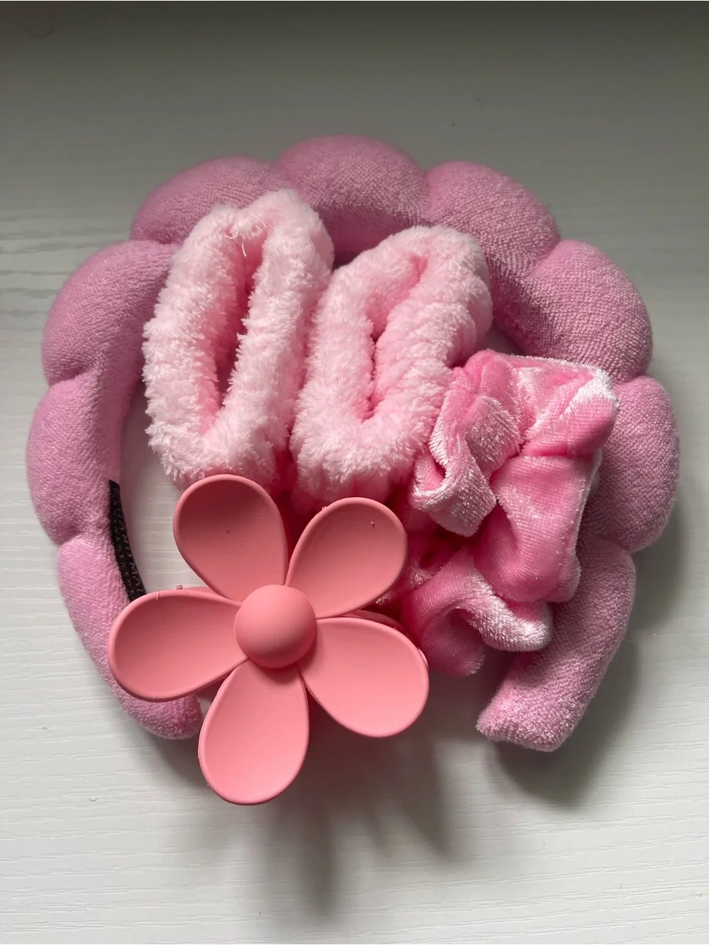 Pink Plush Headband and Wristband Beauty Set